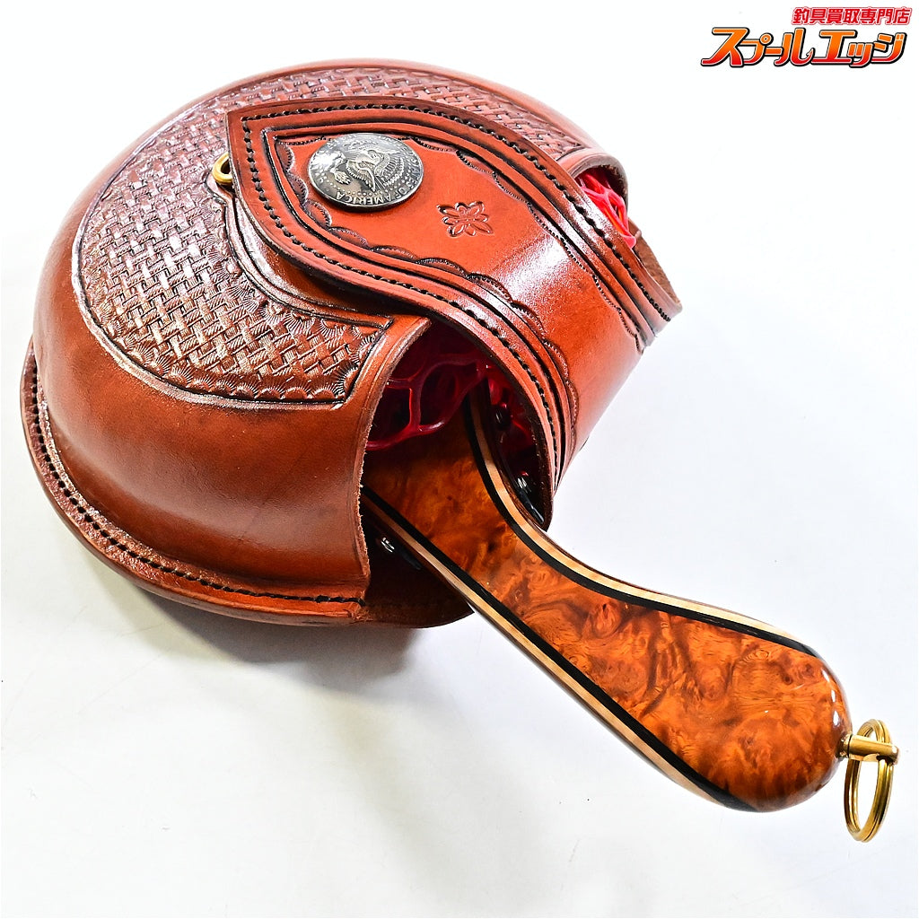 【ハンドメイド工房虹雨xGO-SLOW】 スプリングネット&レザーシース カービングモデル ラバーネット赤 GO-SLOW SPRING NET Leather Sheath K_060