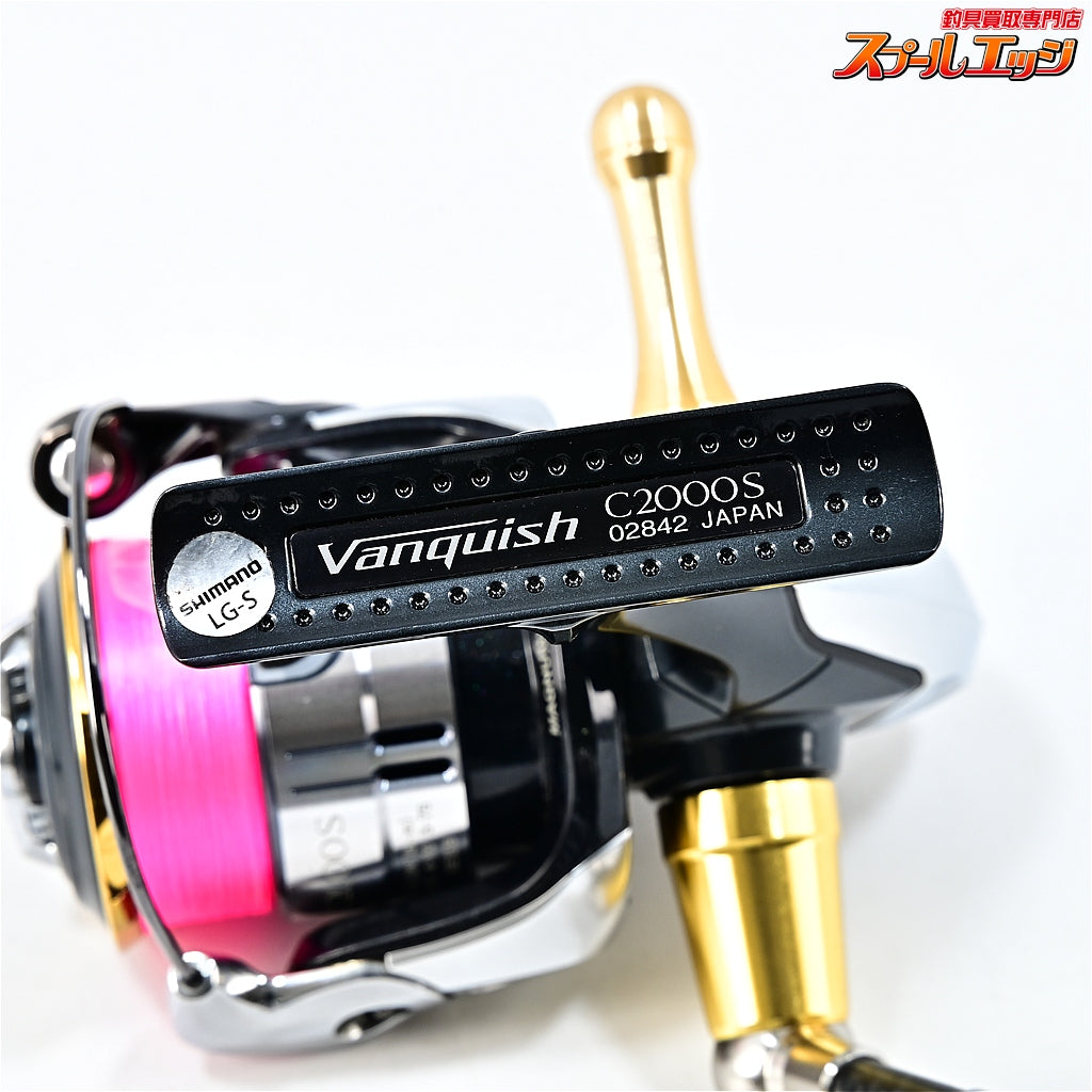 【シマノ】 12ヴァンキッシュ C2000S ZPIカーボンハンドル 45mm&キャップインフラットノブSプレミアム&夢屋アルミリールスタンドゴールド装着 SHIMANO Vanquish