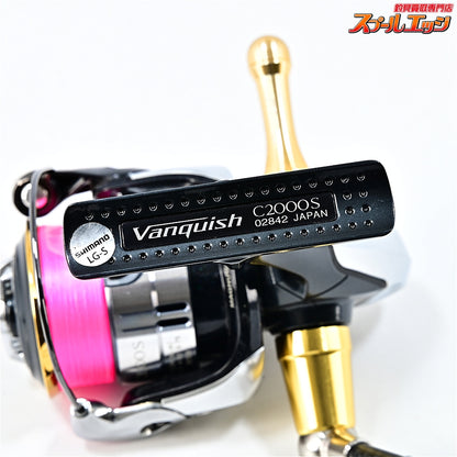 【シマノ】 12ヴァンキッシュ C2000S ZPIカーボンハンドル 45mm&キャップインフラットノブSプレミアム&夢屋アルミリールスタンドゴールド装着 SHIMANO Vanquish